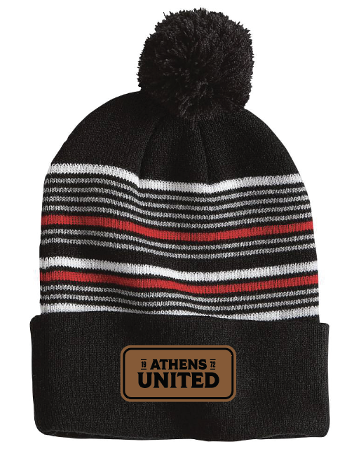 Pom-Pom Leather Patch Beanie